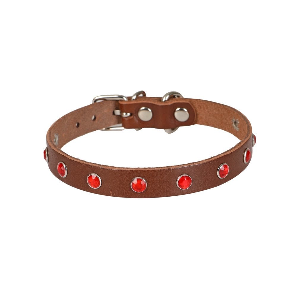 Cattie Gerçek Deriden El Yapımı Taşlı Kedi Boyun Tasması 1,2x25-29cm - Brown