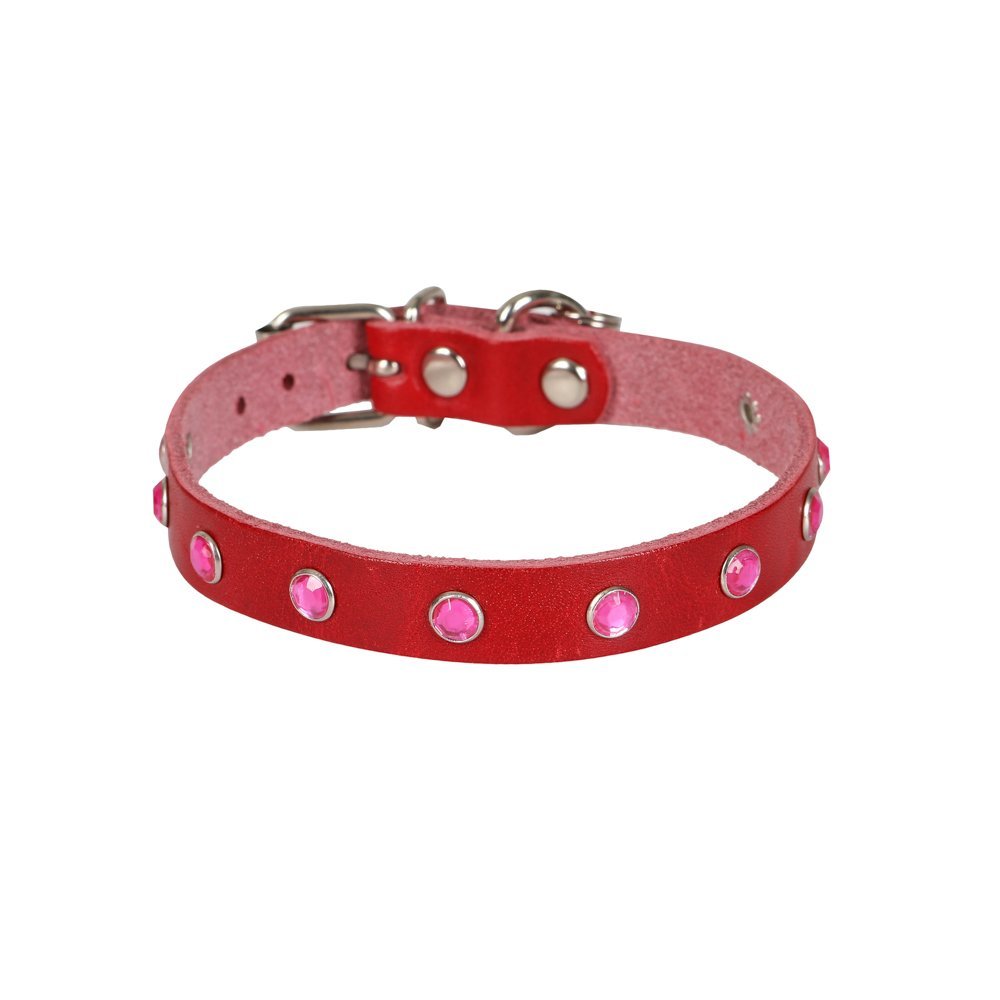 Cattie Gerçek Deriden El Yapımı Taşlı Kedi Boyun Tasması 1,2x25-29cm - Red