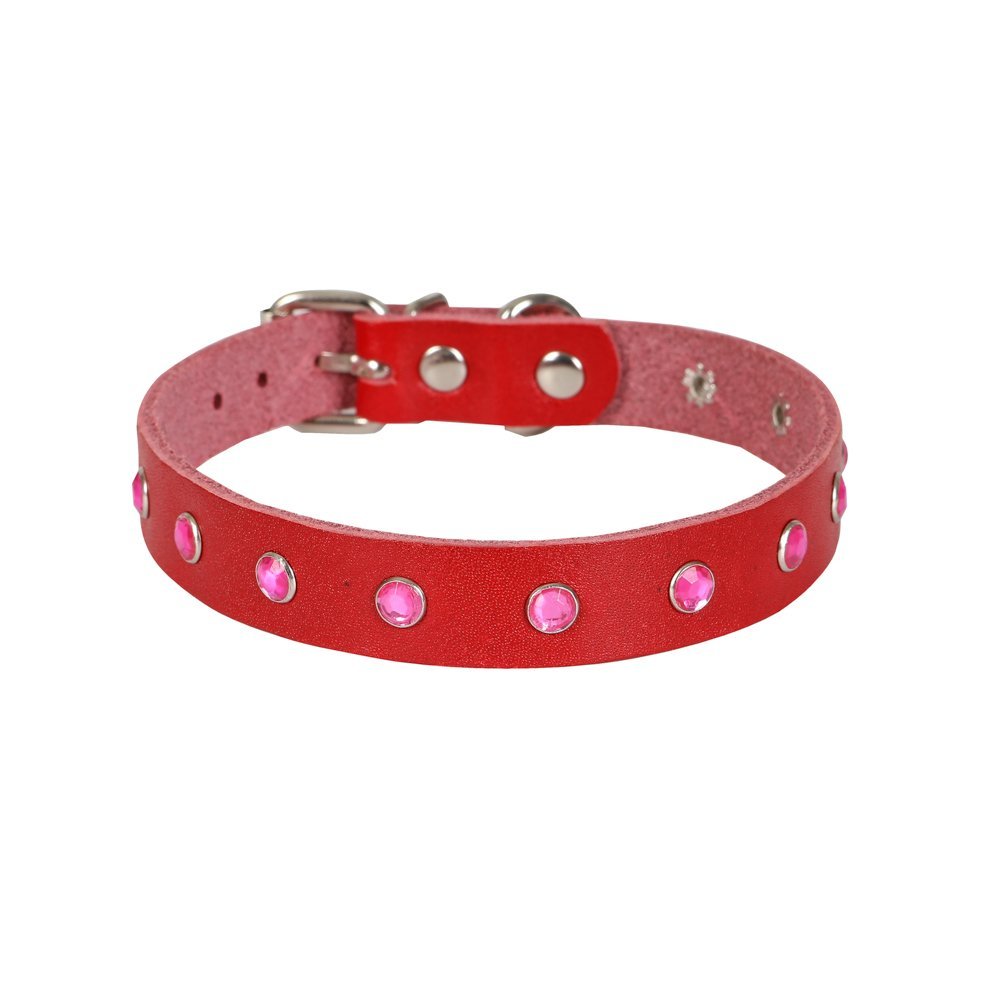 Cattie Gerçek Deriden El Yapımı Taşlı Kedi Boyun Tasması 1,5x28-32cm - Red