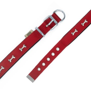 Doggie Konforlu Dokumadan El Yapımı Kemik Süslü Köpek Boyun Tasması 2,5x42-50cm - Red