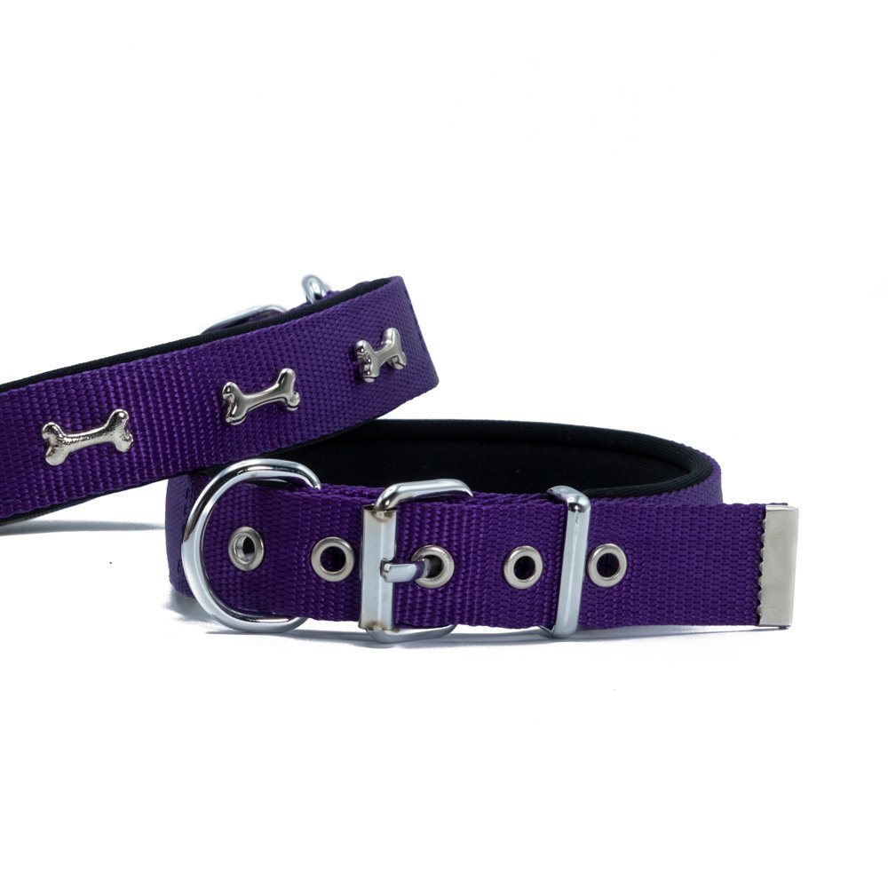 Doggie Konforlu Dokumadan El Yapımı Kemik Süslü Köpek Boyun Tasması 2,5x42-50cm - Purple