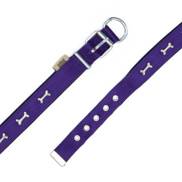 Doggie Konforlu Dokumadan El Yapımı Kemik Süslü Köpek Boyun Tasması 2,5x42-50cm - Purple