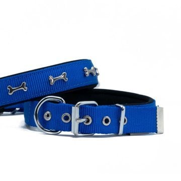 Doggie Konforlu Dokumadan El Yapımı Kemik Süslü Köpek Boyun Tasması 2,5x42-50cm - Royal Blue