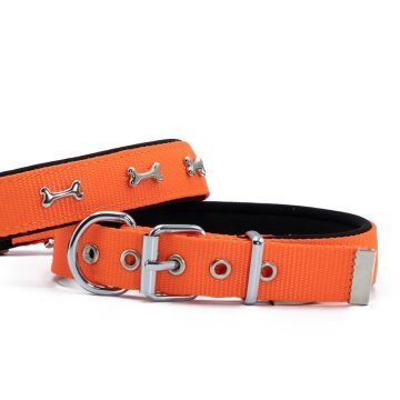 Doggie Konforlu Dokumadan El Yapımı Kemik Süslü Köpek Boyun Tasması 2,5x42-50cm - Orange