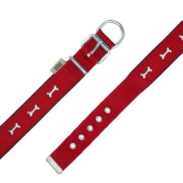 Doggie Konforlu Dokumadan El Yapımı Kemik Süslü Köpek Boyun Tasması 3x47-55cm - Red