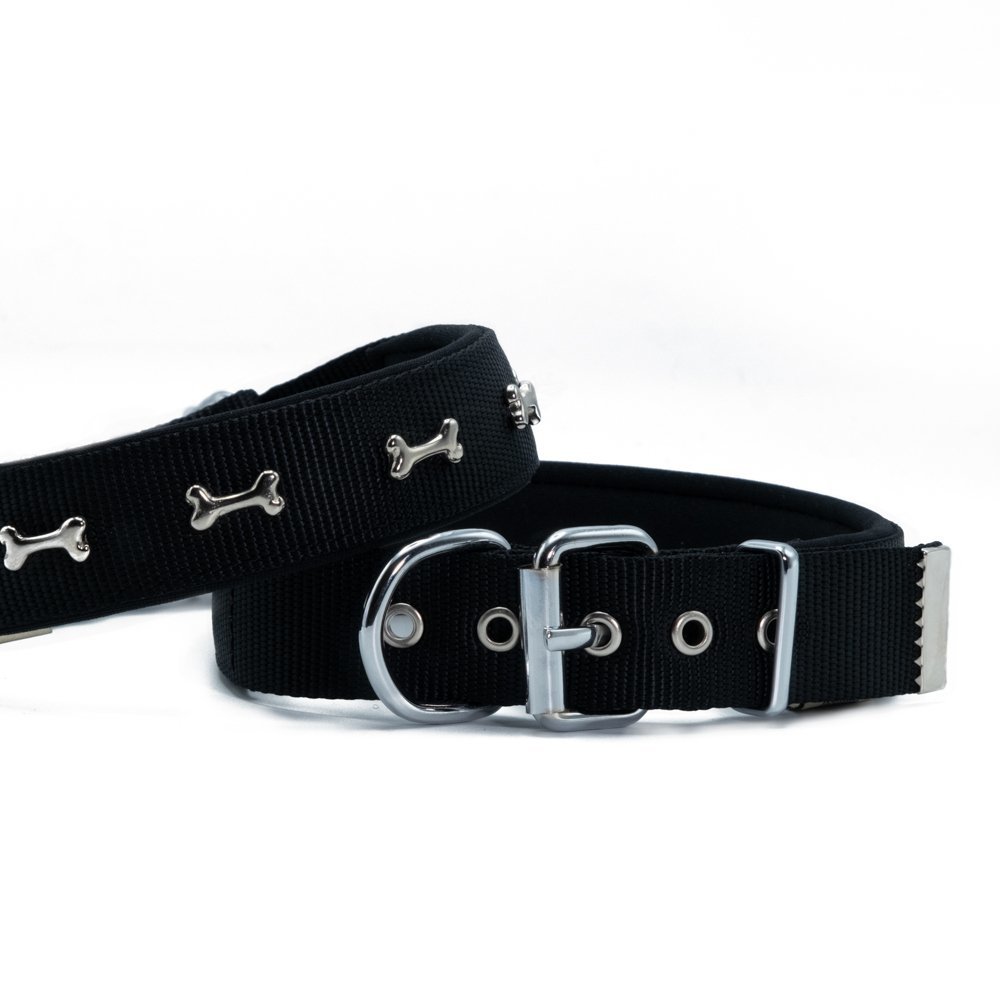 Doggie Konforlu Dokumadan El Yapımı Kemik Süslü Köpek Boyun Tasması 3x47-55cm - Black