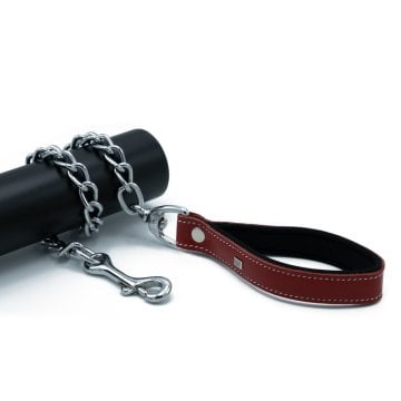 Doggie Konforlu Gerçek Deriden El Yapımı Zincirli Köpek Gezdirme Kayışı 4,5x80cm - Red