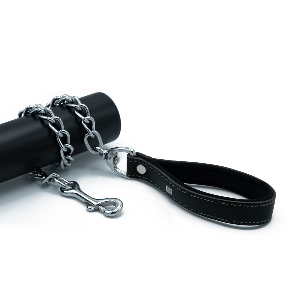 Doggie Konforlu Gerçek Deriden El Yapımı Zincirli Köpek Gezdirme Kayışı 4,5x80cm - Black