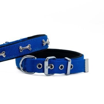 Doggie Konforlu Dokumadan El Yapımı Kemik Süslü Köpek Boyun Tasması 2x30-35cm - Royal Blue