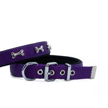 Doggie Konforlu Dokumadan El Yapımı Kemik Süslü Köpek Boyun Tasması 2x35-40cm - Purple