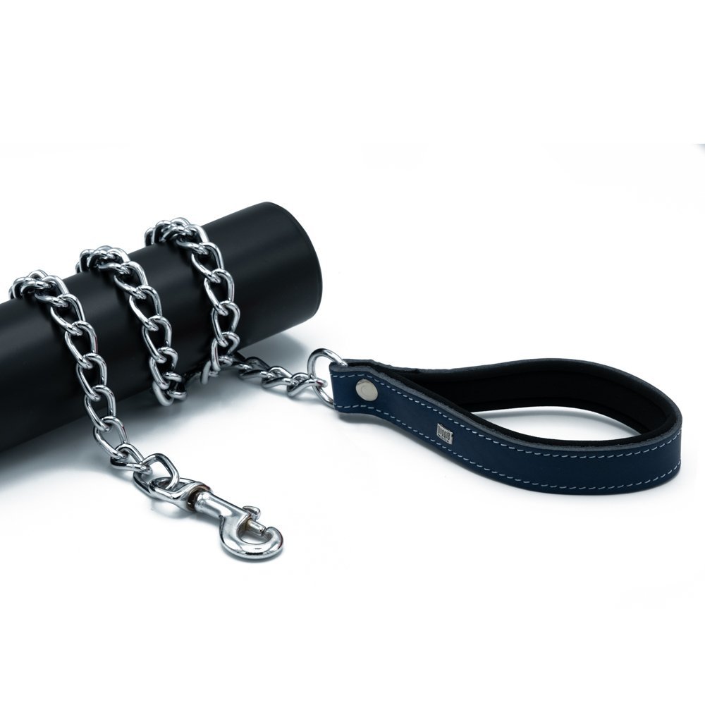 Doggie Konforlu Gerçek Deriden El Yapımı Zincirli Köpek Gezdirme Kayışı 4x110cm - Royal Blue