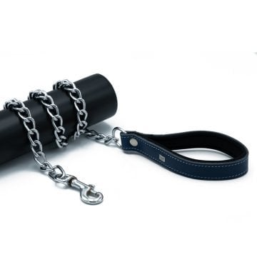 Doggie Konforlu Gerçek Deriden El Yapımı Zincirli Köpek Gezdirme Kayışı 4x110cm - Royal Blue