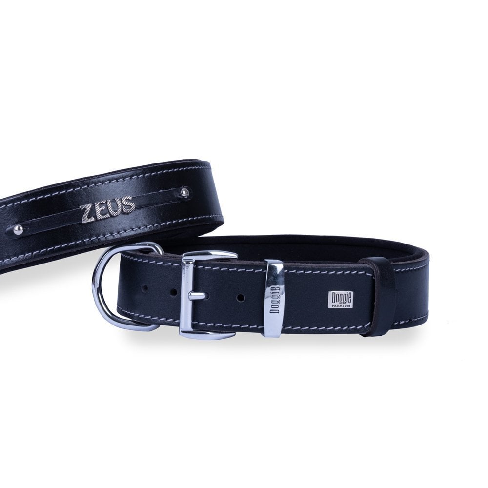 Doggie Konforlu Gerçek Deriden El Yapımı İsimlikli Köpek Boyun Tasması 4x47-55cm - Black