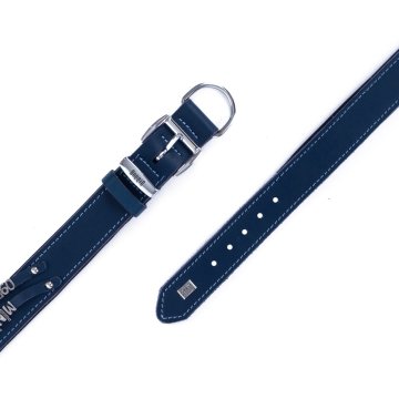 Doggie Konforlu Gerçek Deriden El Yapımı Çift İsimlikli Köpek Boyun Tasması 4x47-55cm - Royal Blue