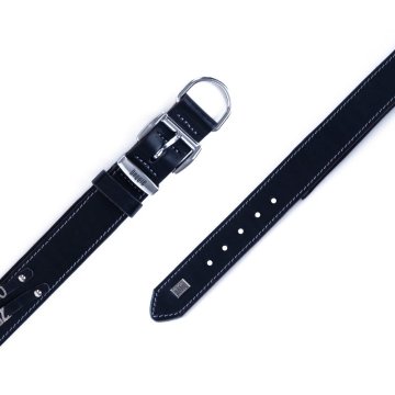 Doggie Konforlu Gerçek Deriden El Yapımı Çift İsimlikli Köpek Boyun Tasması 4x47-55cm - Black