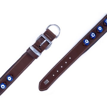 Doggie Konforlu Gerçek Deriden El Yapımı Nazar Boncuklu Köpek Boyun Tasması 4x47-55cm - Brown