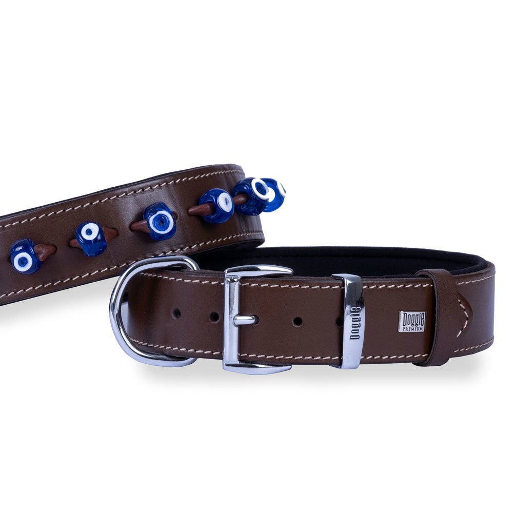 Doggie Konforlu Gerçek Deriden El Yapımı Nazar Boncuklu Köpek Boyun Tasması 4x47-55cm - Brown
