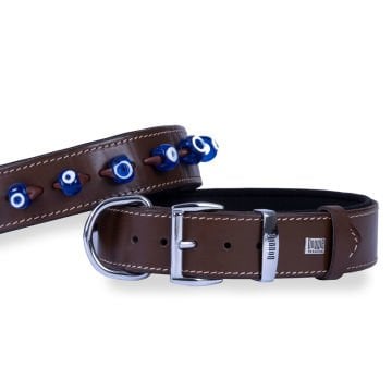 Doggie Konforlu Gerçek Deriden El Yapımı Nazar Boncuklu Köpek Boyun Tasması 4x47-55cm - Brown