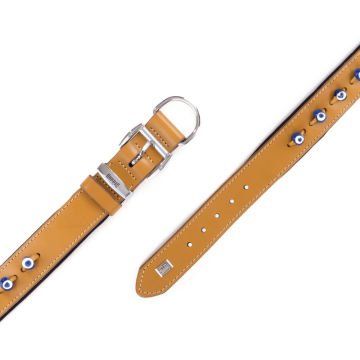 Doggie Konforlu Gerçek Deriden El Yapımı Nazar Boncuklu Köpek Boyun Tasması 4x47-55cm - Camel
