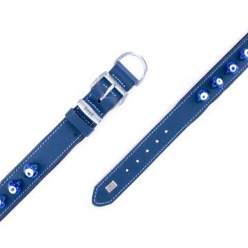 Doggie Konforlu Gerçek Deriden El Yapımı Nazar Boncuklu Köpek Boyun Tasması 4x47-55cm - Royal Blue