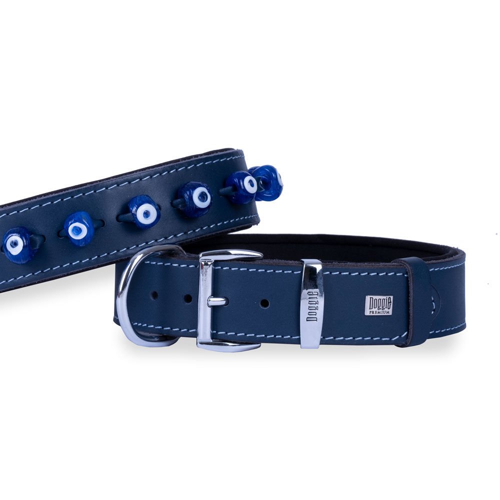 Doggie Konforlu Gerçek Deriden El Yapımı Nazar Boncuklu Köpek Boyun Tasması 4x47-55cm - Royal Blue