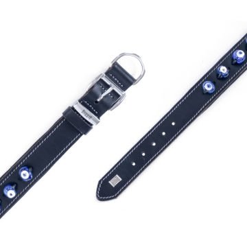 Doggie Konforlu Gerçek Deriden El Yapımı Nazar Boncuklu Köpek Boyun Tasması 4x47-55cm - Black