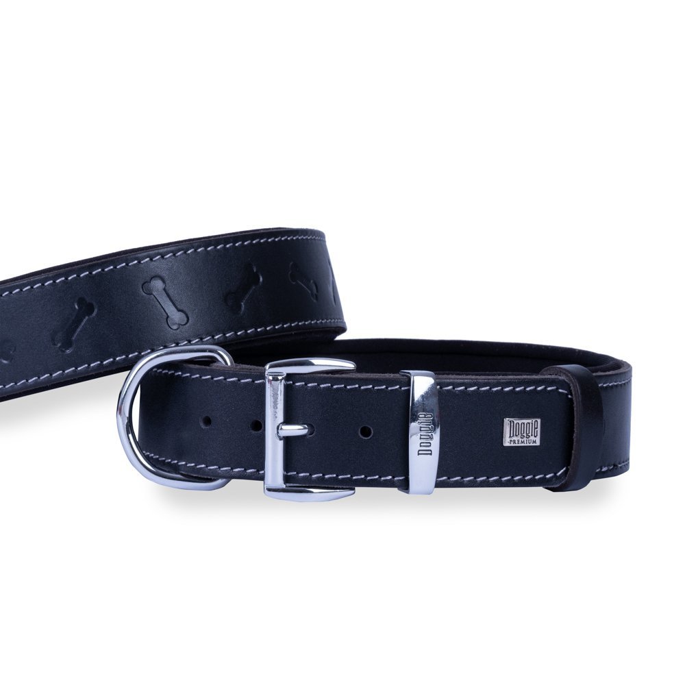 Doggie Konforlu Gerçek Deriden El Yapımı Kemik Desenli Köpek Boyun Tasması 4x47-55cm - Black