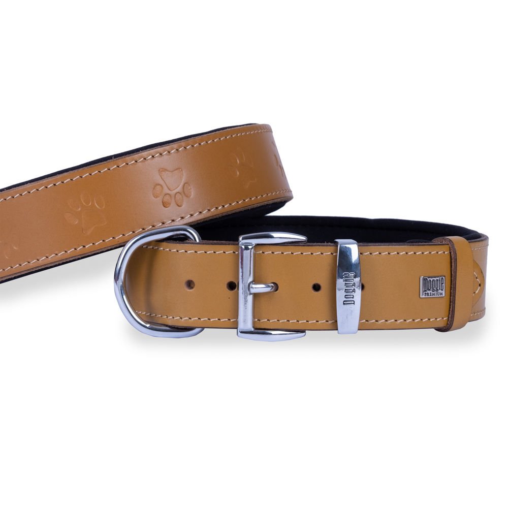 Doggie Konforlu Gerçek Deriden El Yapımı Pati Desenli Köpek Boyun Tasması 4x47-55cm - Camel