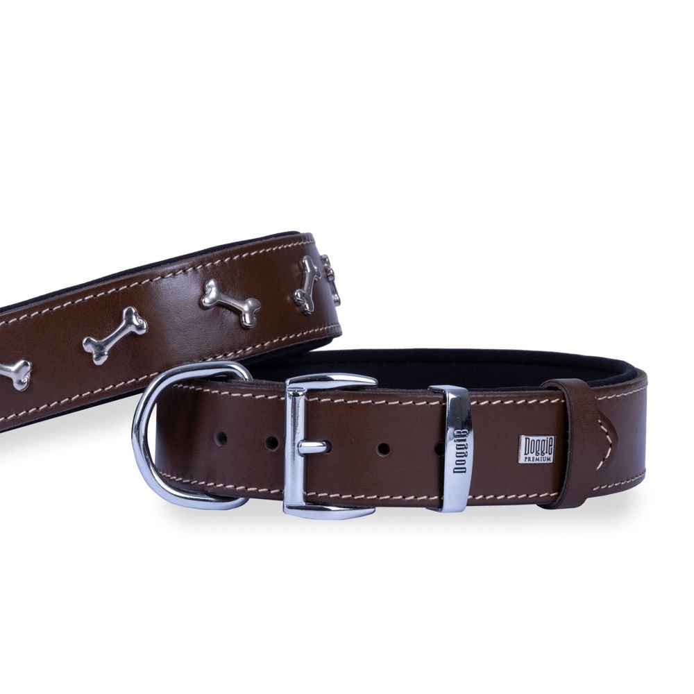 Doggie Konforlu Gerçek Deriden El Yapımı Kemik Süslü Köpek Boyun Tasması 4x47-55cm - Brown