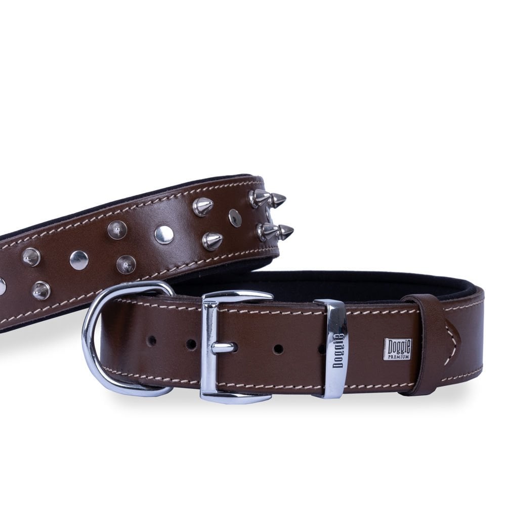 Doggie Konforlu Gerçek Deriden El Yapımı Çivili Köpek Boyun Tasması 4x47-55cm - Brown