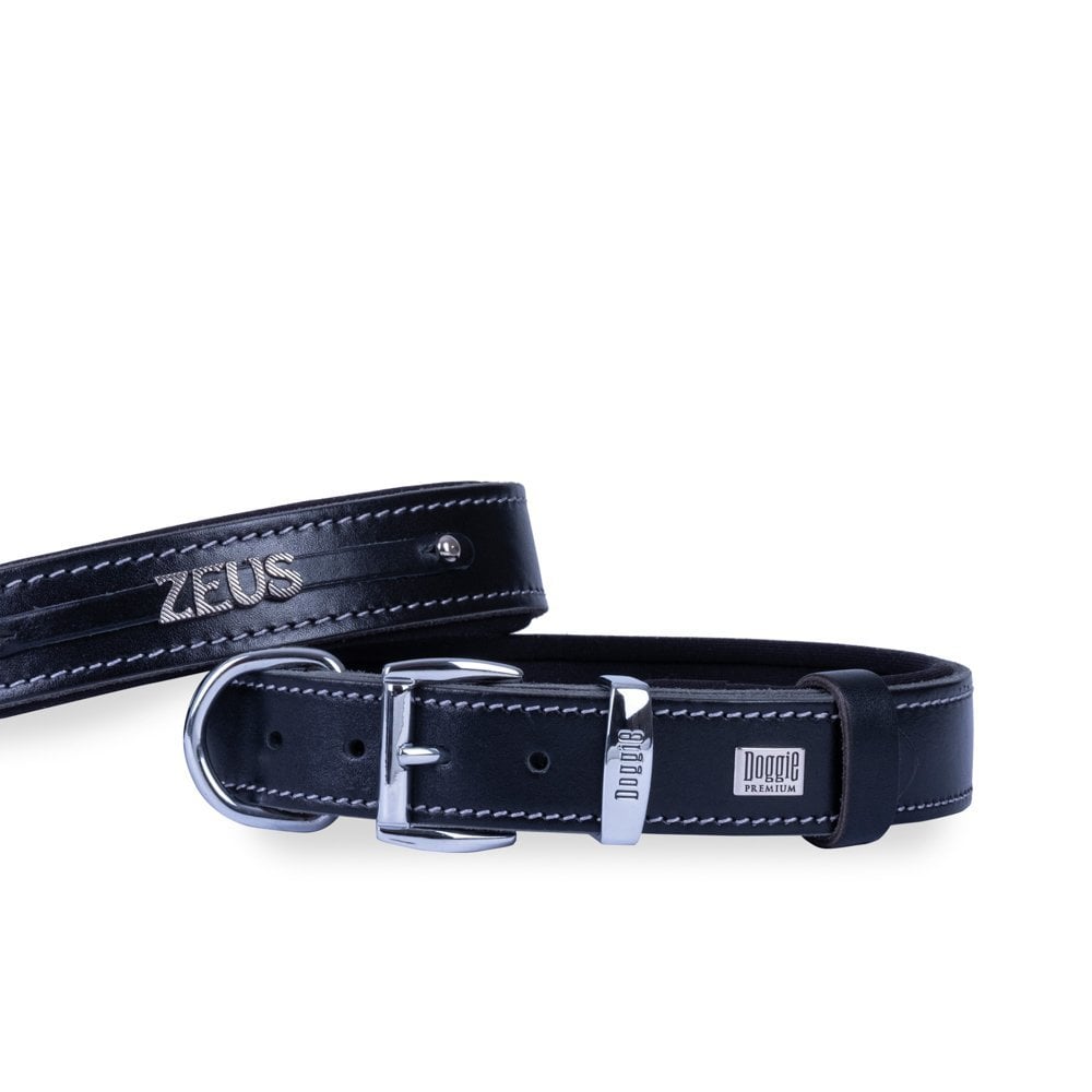 [SBT3014MBLACK] Doggie Nameplate Leather Dog Collar 3x42-50cm (Black)