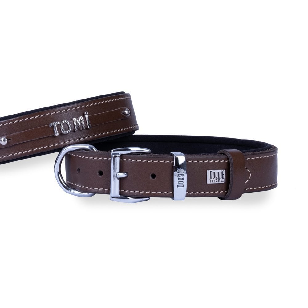 Doggie Nameplate Leather Dog Collar 3x42-50cm
