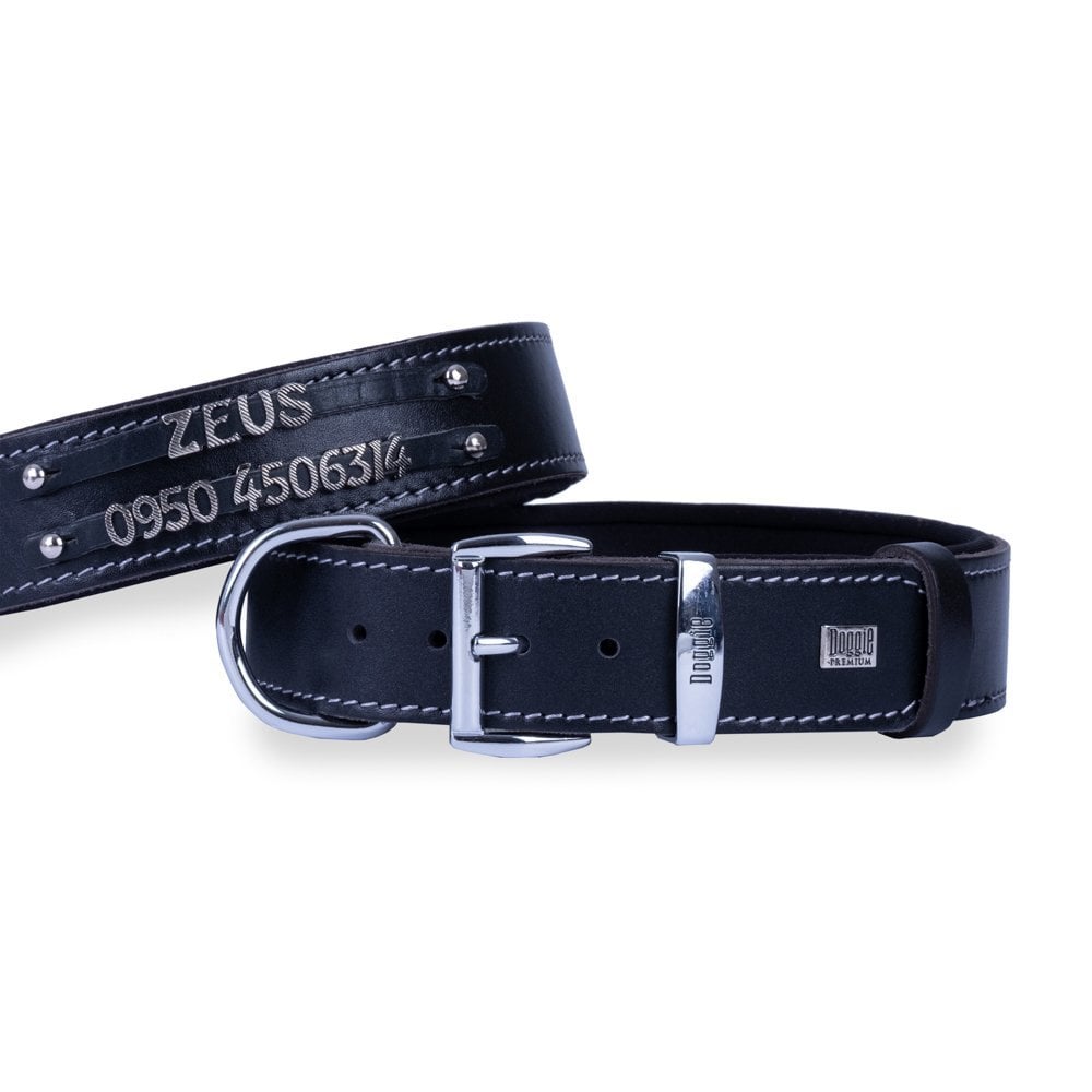 [SBT3515LBLACK] Doggie Double Row Nameplate Leather Dog Collar 3.5x52-60cm (Black)