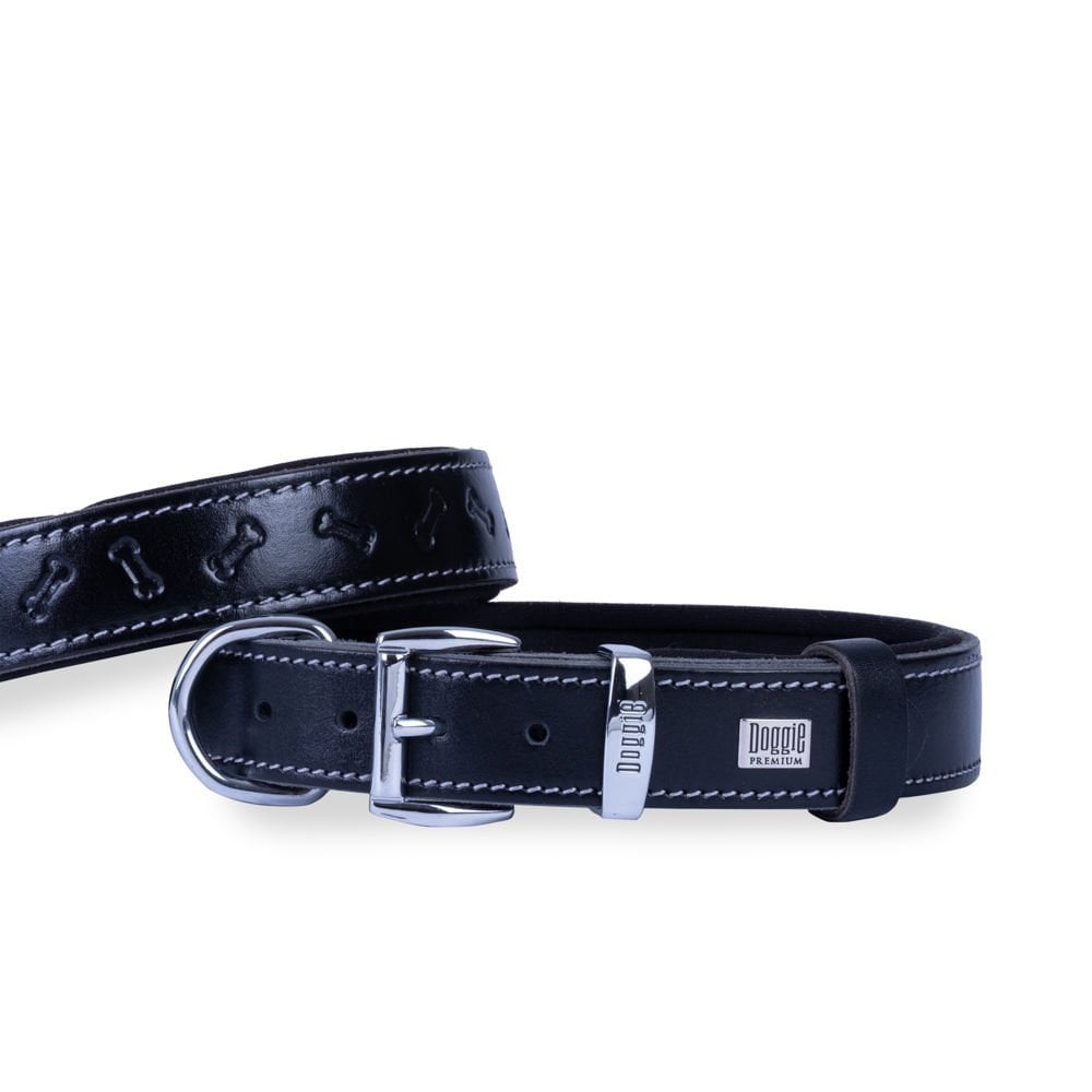 [SBT2535MBLACK] Doggie Bone Pattern Leather Dog Collar 2.5x37-45cm (Black)
