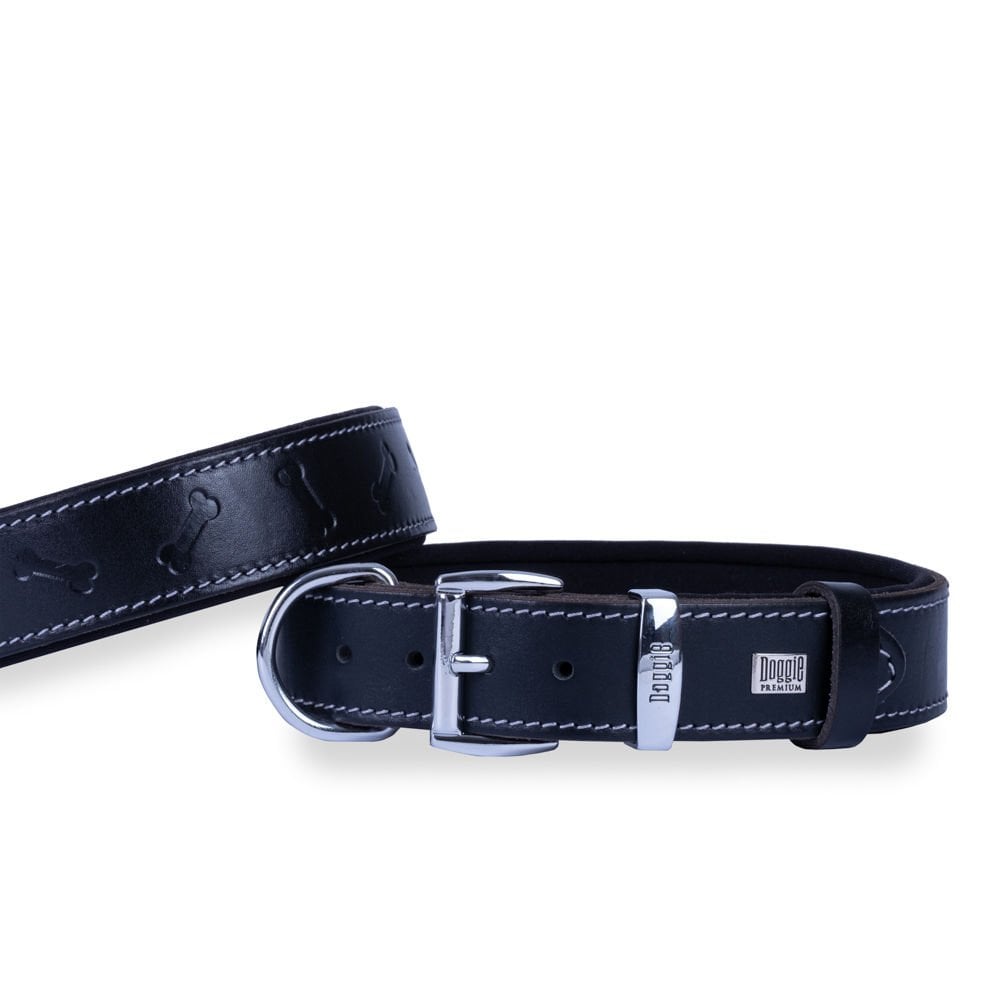 [SBT3535MBLACK] Doggie Bone Pattern Leather Dog Collar 3.5x47-55cm (Black)