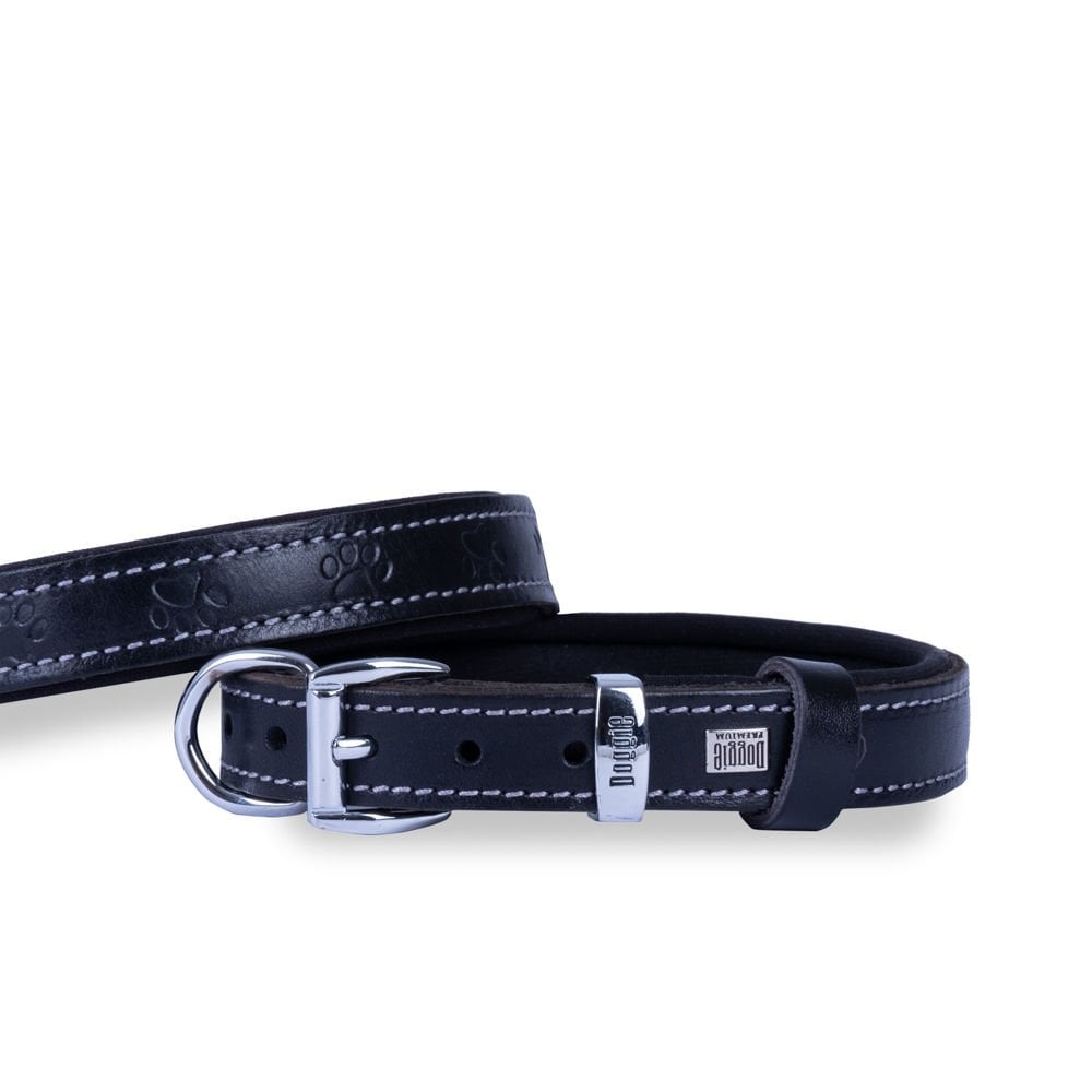 [SBT2036SBLACK] Doggie Paw Pattern Leather Dog Collar 2x30-35cm (Black)