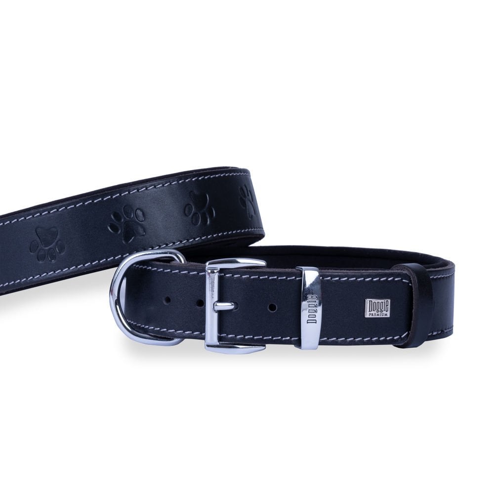 [SBT4036LBLACK] Doggie Paw Pattern Leather Dog Collar 4x57-65cm (Black)