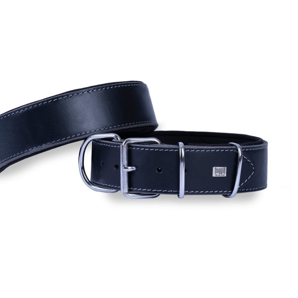 [BYT5010LBLACK] Doggie Double Layer Leather Dog Collar 5x60-70cm