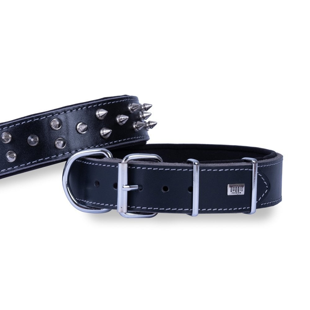 [BYT4012SBLACK] Doggie Studded Double Layer Leather Dog Collar 4x47-55cm