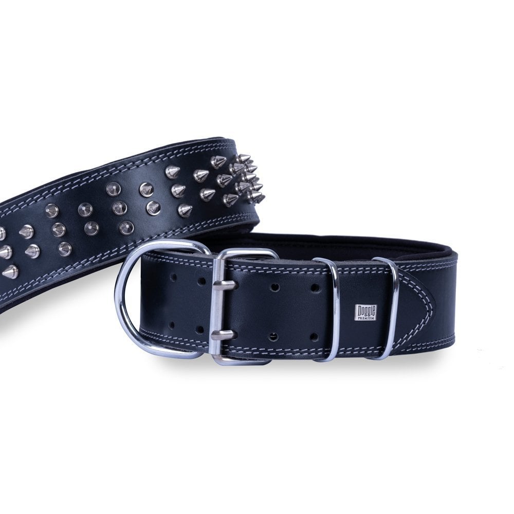 [BYT6012MBLACK] Doggie Studded Double Layer Leather Dog Collar 6x60-70cm