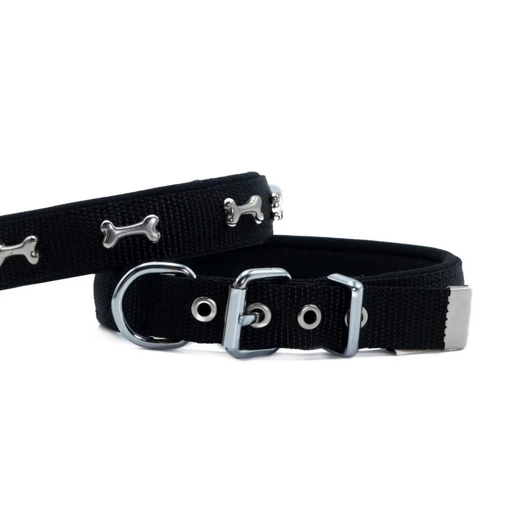[DSBT2062MBLACK] Doggie Bone Decorated Webbing Dog Collar 2x35-40cm (Black)