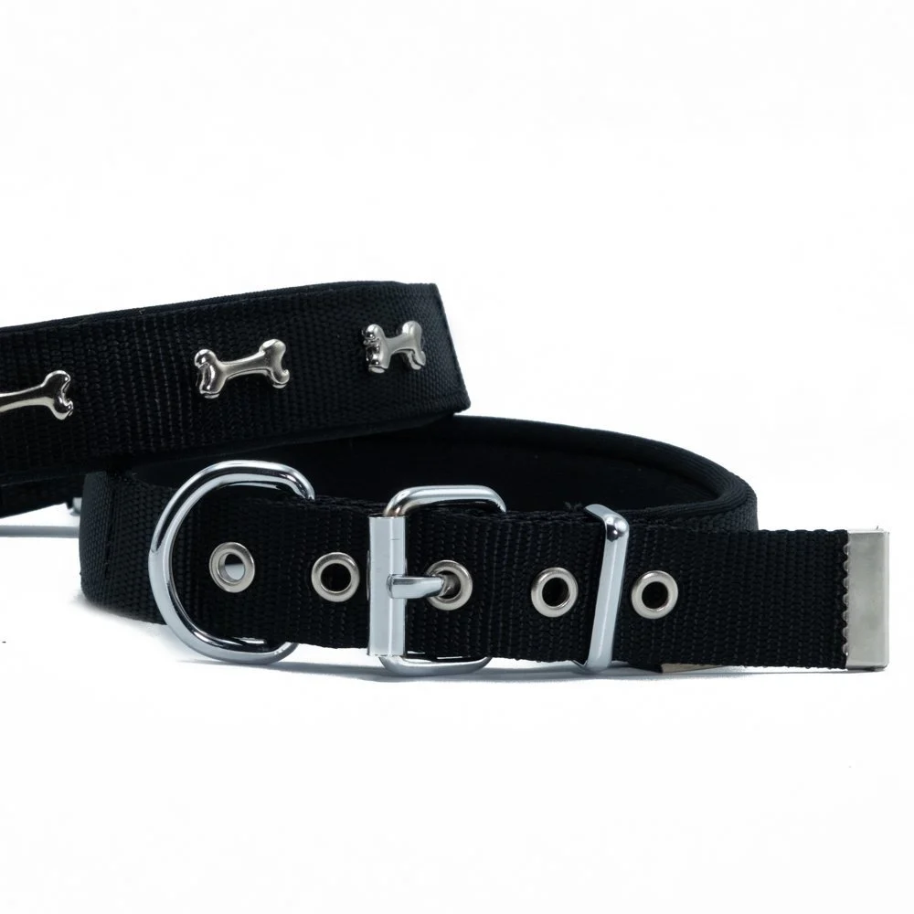 [DSBT2562LBLACK] Doggie Bone Decorated Webbing Dog Collar 2.5x42-50cm (Black)