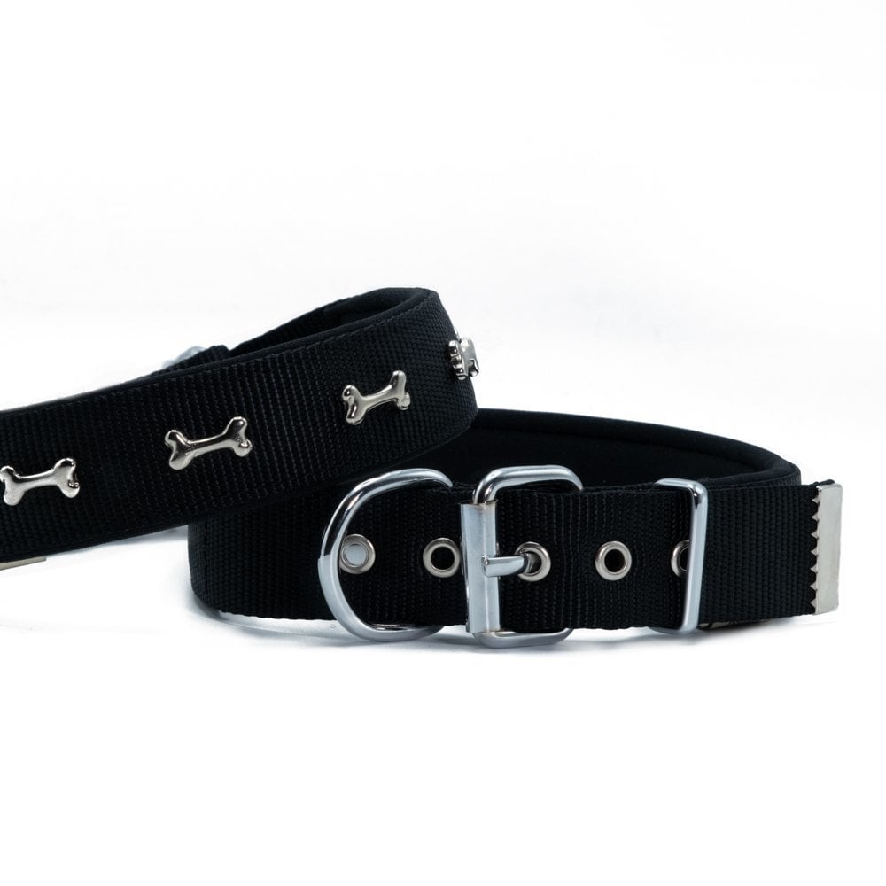 [DSBT3062MBLACK] Doggie Bone Decorated Webbing Dog Collar 3x42-50cm (Black)