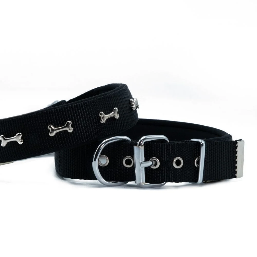 [DSBT3062LBLACK] Doggie Kemik Süslü Dokuma Köpek Tasması 3x47-55cm (Siyah)