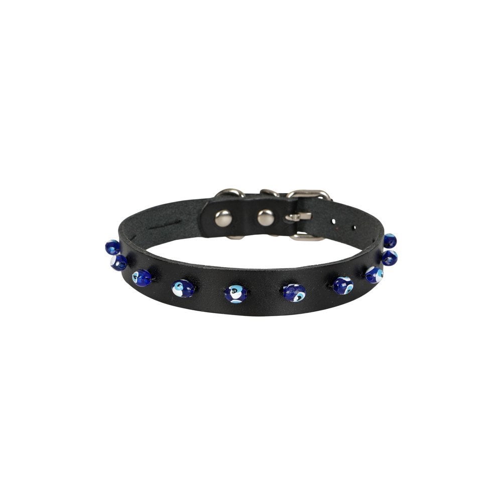 [BKT15XLBLACK] Cattie Boncuklu Deri Kedi Tasması 1.5x28-32cm (Siyah)