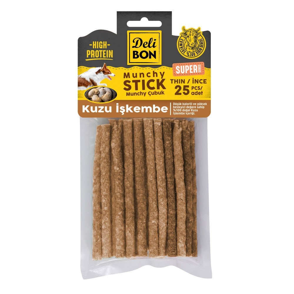 [SUPER25MUNCHYISKEMBE] Delibon Kuzu İşkembe Munchy Çubuk Köpek Ödül Maması İnce 25 Adet