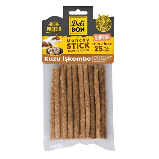 Delibon Kuzu İşkembe Munchy Çubuk Köpek Ödül Maması İnce 25 Adet